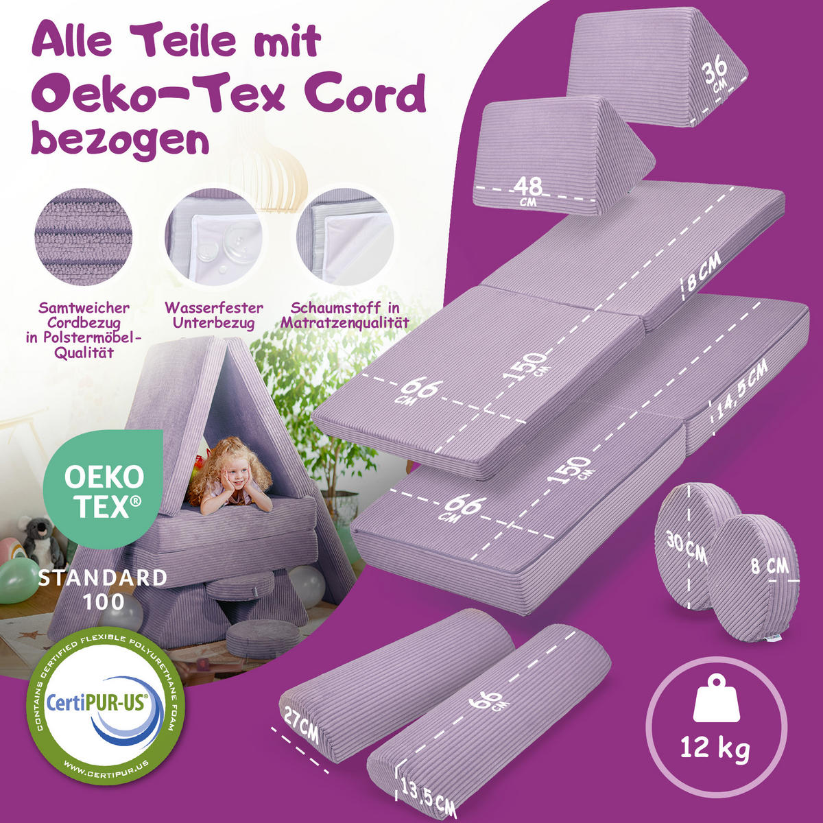 SPIELSOFA Kinder Fantasiewelt 8tlg - Lila, Textil (150/55/66cm) - Linodino