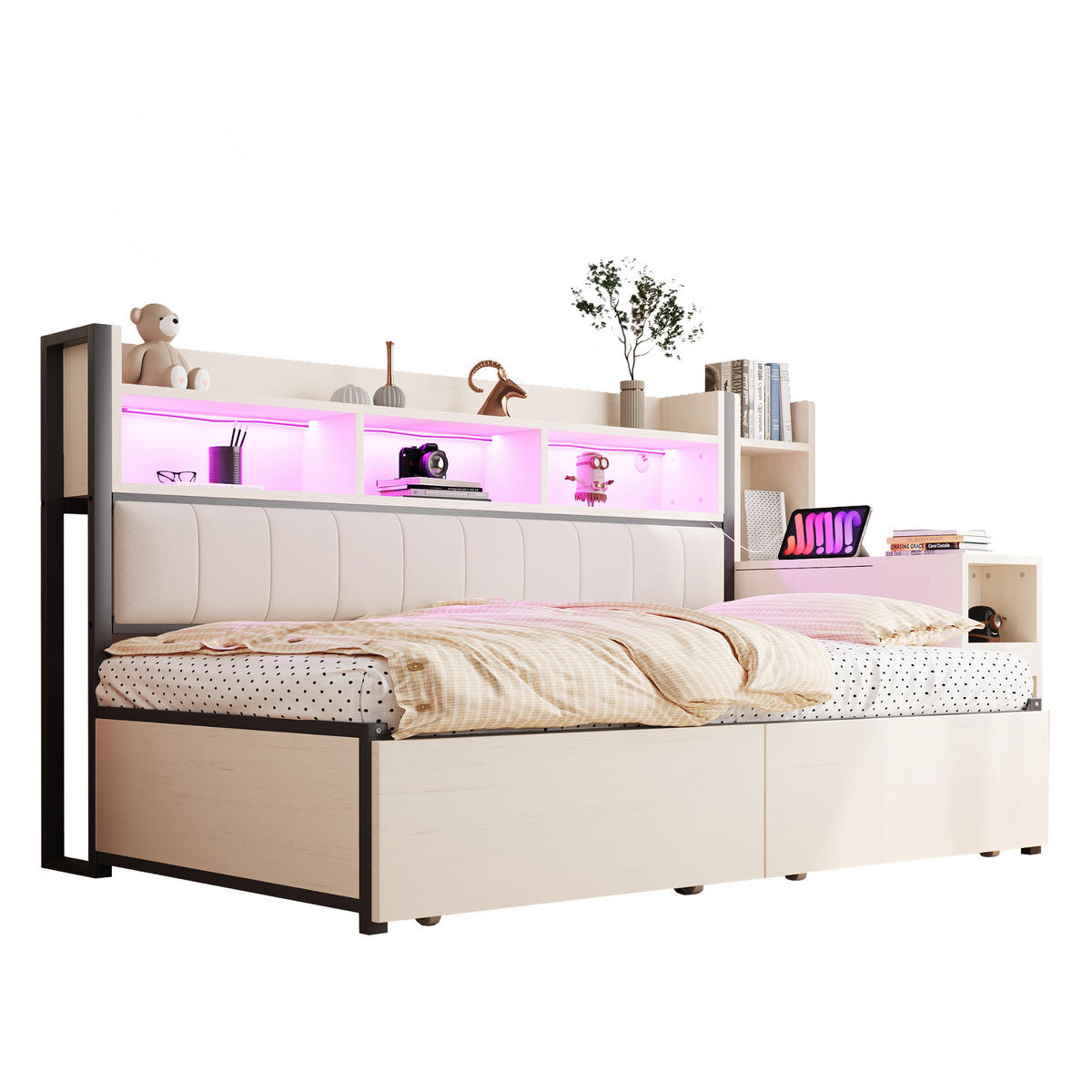 BETT 90/200 cm mit Schreibtisch und Stauraum Weiß Metall & Holz - Weiß, Metall (90/200cm) - OKWISH