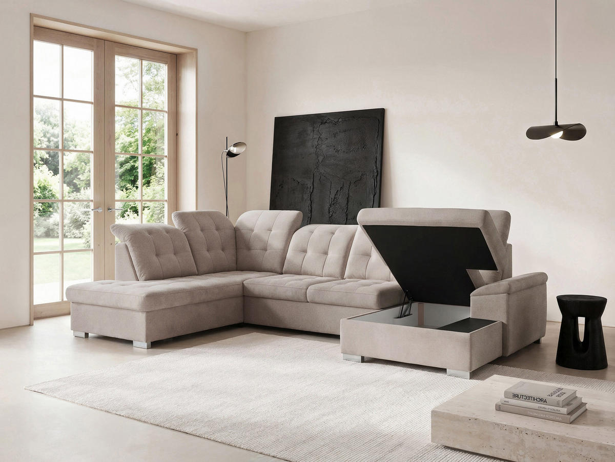 WOHNLANDSCHAFT ANON Ottomane Links, mit Schlaffunktion und Bettkasten, Beige - Beige, Kunststoff/Textil (322/87/220cm) - Idohome