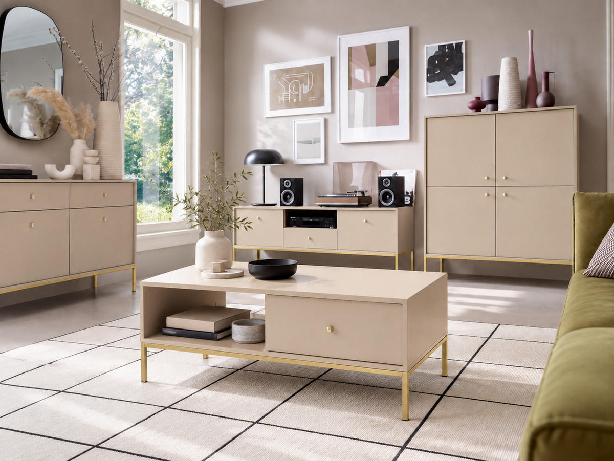 COUCHTISCH BARI Ł2SZ (Beige, Goldene Griffe, Goldenes Gestell, Schubladen) - Beige/Goldfarben, Holz/Holzwerkstoff (68/104/46cm) - Ravio