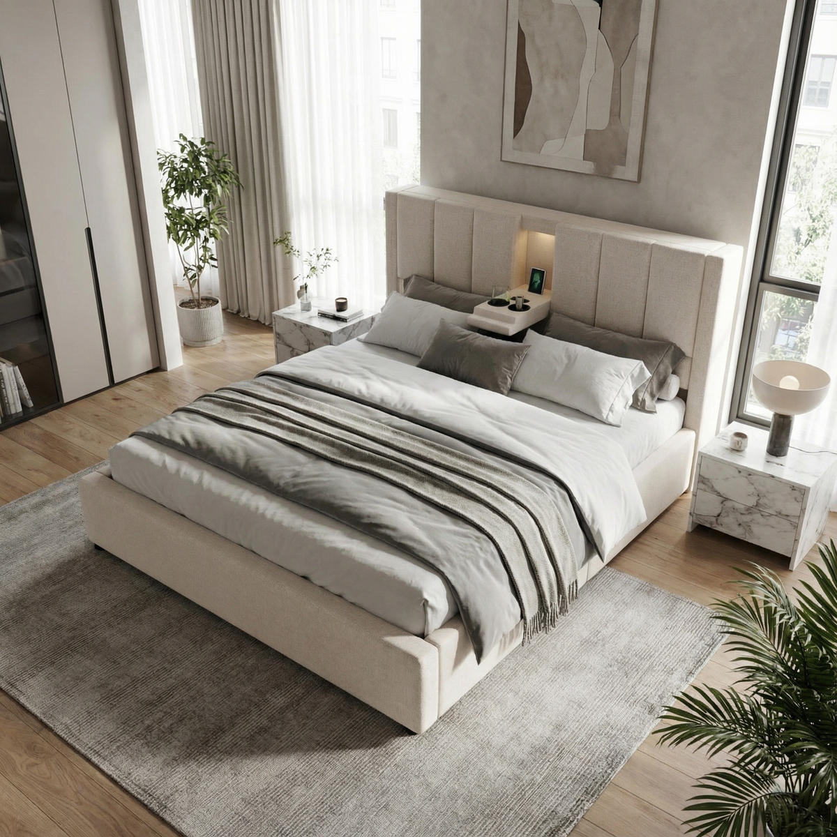 BETT 160x200 cm Leinen Beige - Beige, Holzwerkstoff (160/200cm) - Urban Meuble
