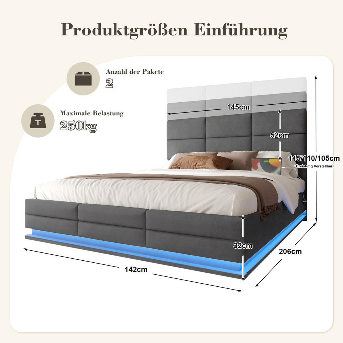 BOXBETT 140/200 mit Bettkasten, LED, USB/Typ C-Ladeanschluss,Samt,Grau - Grau, Holz (140/200cm) - LVHOM