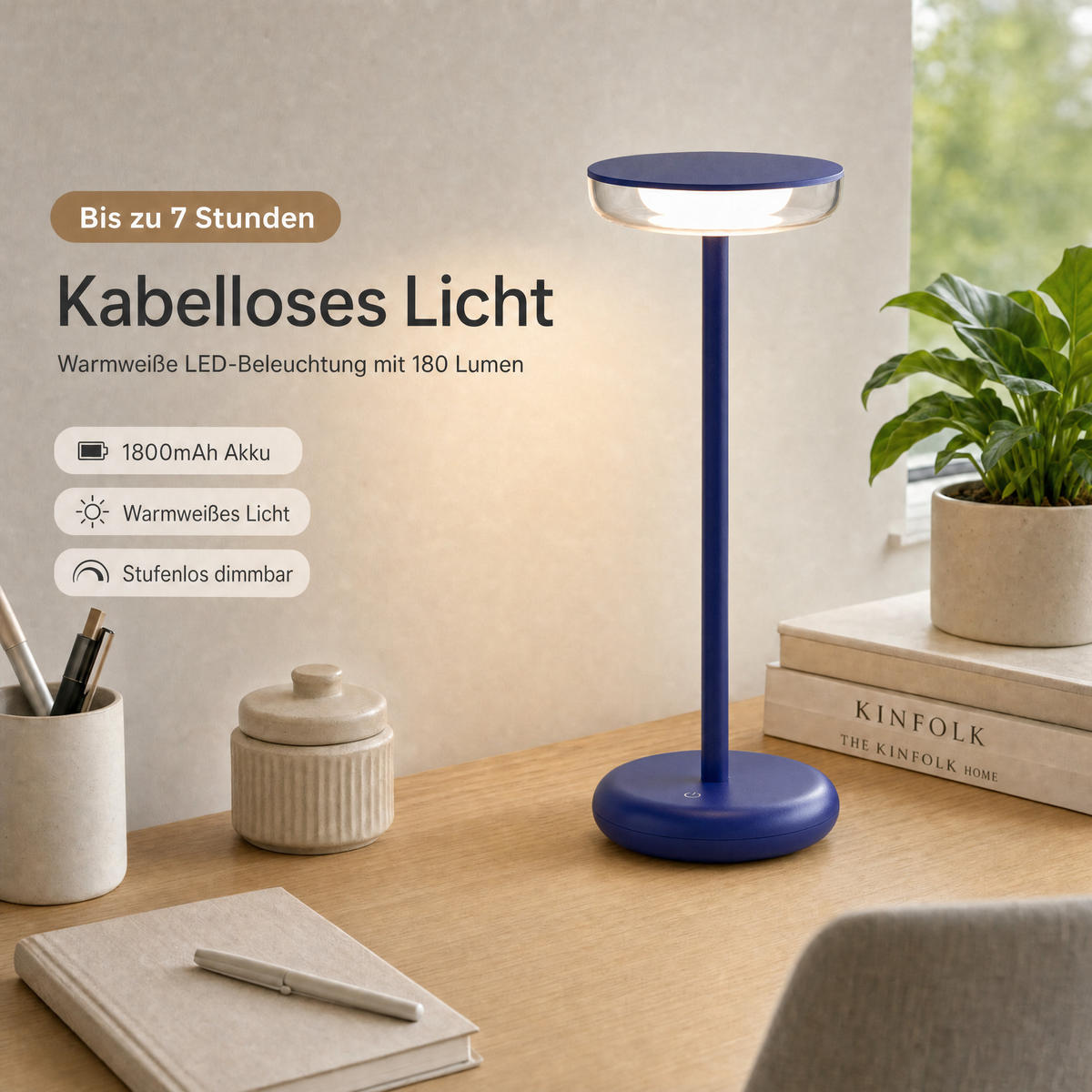 LED-TISCHLAMPE Blau Dimmbar Akku 1800mAh 180lm warmweiß Touch USB-C Nachttischleuchte Höhe 27,4 cm - Blau, Kunststoff (11/11/27.4cm) - Northpoint