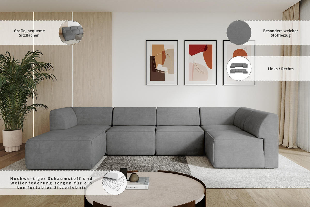 WOHNLANDSCHAFT Ottomane Links MOVA 345x180x78 Grau Samt - Taupe/Schwarz, Holzwerkstoff/Kunststoff (180/78/345cm) - ALTDECOR