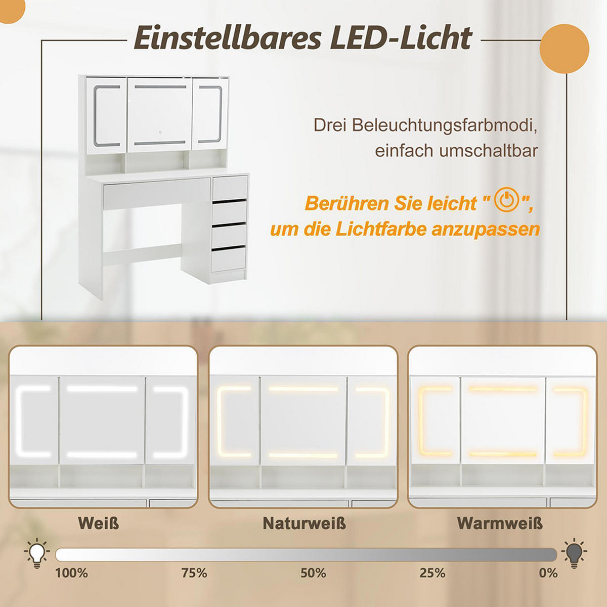 SCHMINKTISCH L110 x B40 x H140cm,Weiß - Weiß, Holz (40/140/110cm) - KOMHTOM