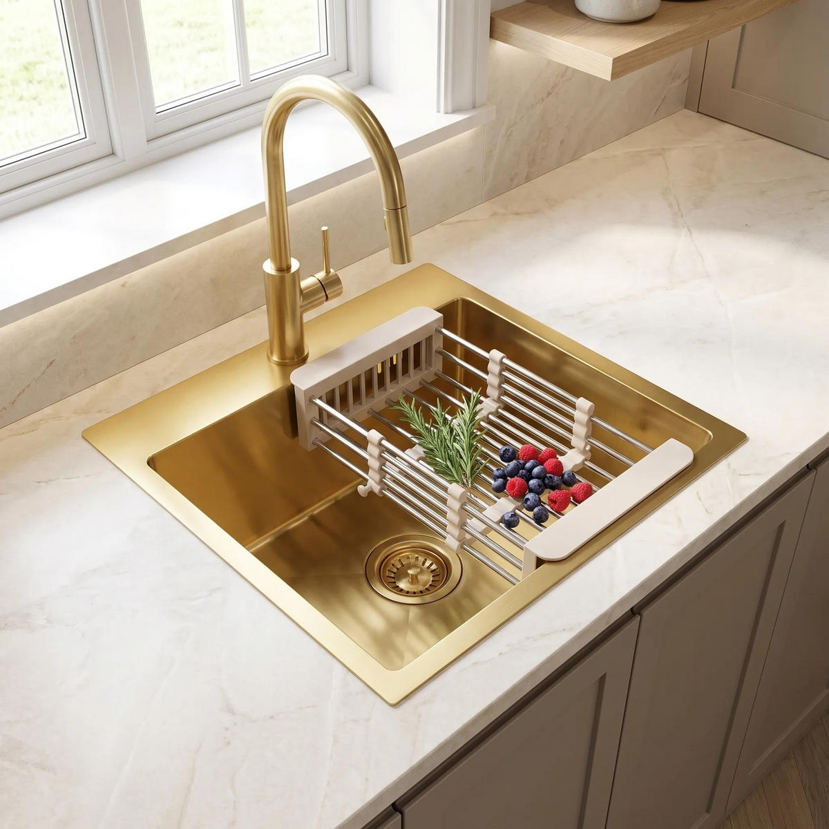 STAHLSPÜLE Mit 3-teiligem Zubehörset Rea Leo 40 Brush Gold Graue Accessoires - Goldfarben, Metall (40/18.5/45cm) - REA