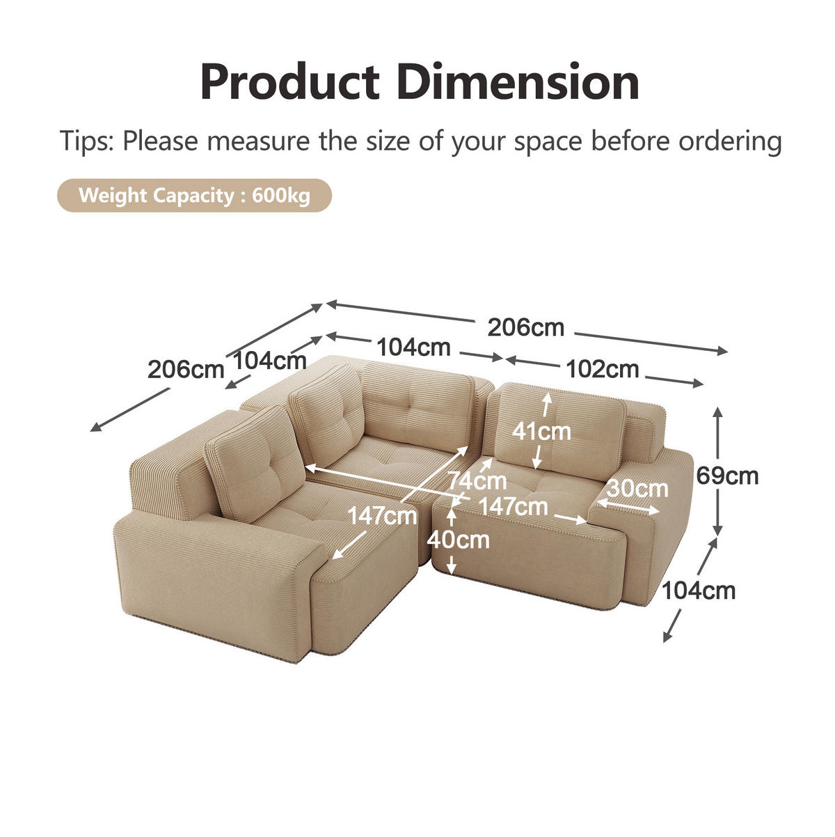 ECKSOFA 206/206/69 cm Beige aus Cordstoff mit modularem Design - Beige, Textil (206/206cm) - OKWISH