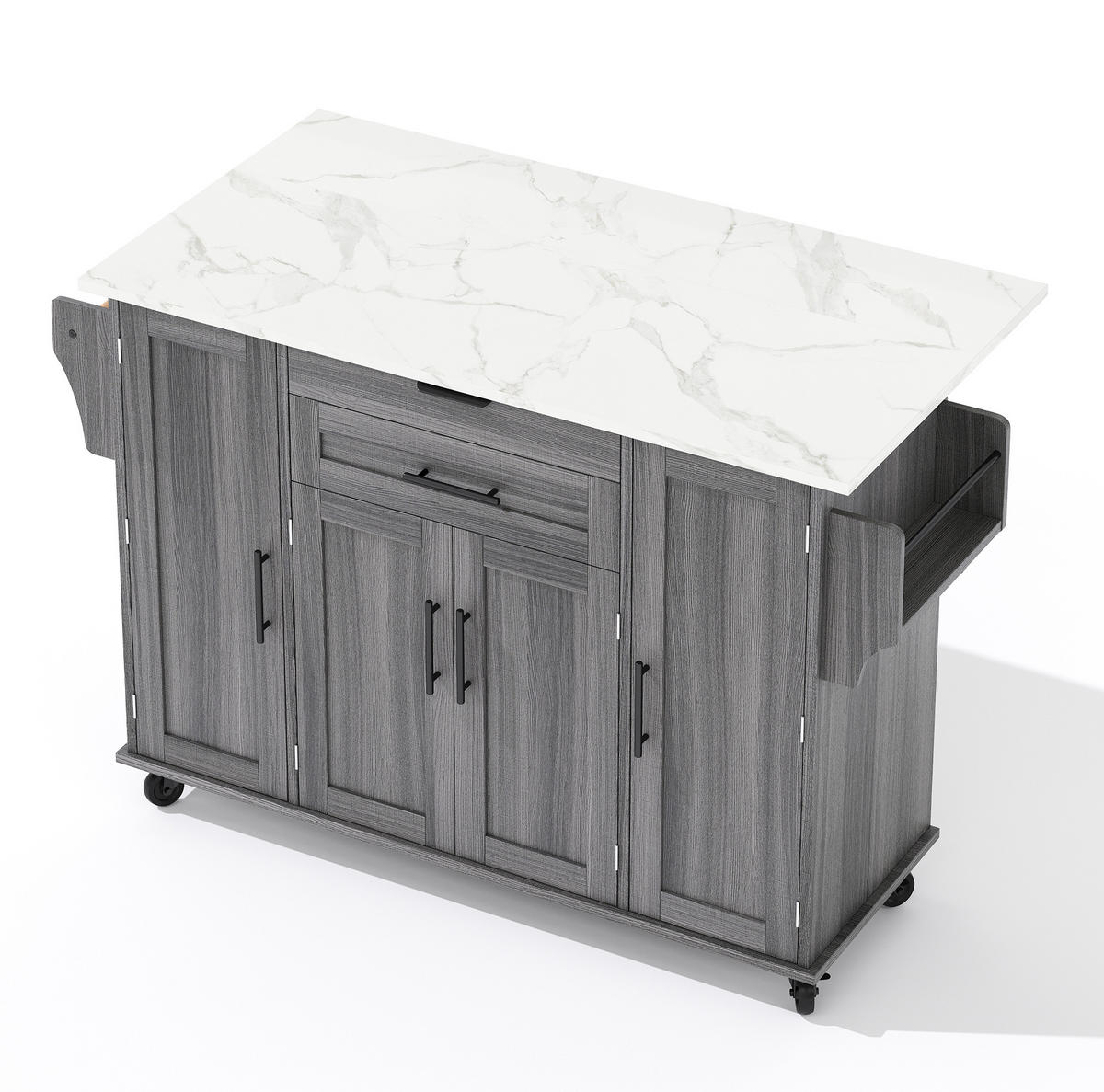 KÜCHENINSEL aus MDF 136x70x92 cm Grau mit ausziehbarer Arbeitsplatte, Rollen, versteckter Besteckschublade und Stauraum - Grau, Holzwerkstoff (136/92/70cm) - Modfu