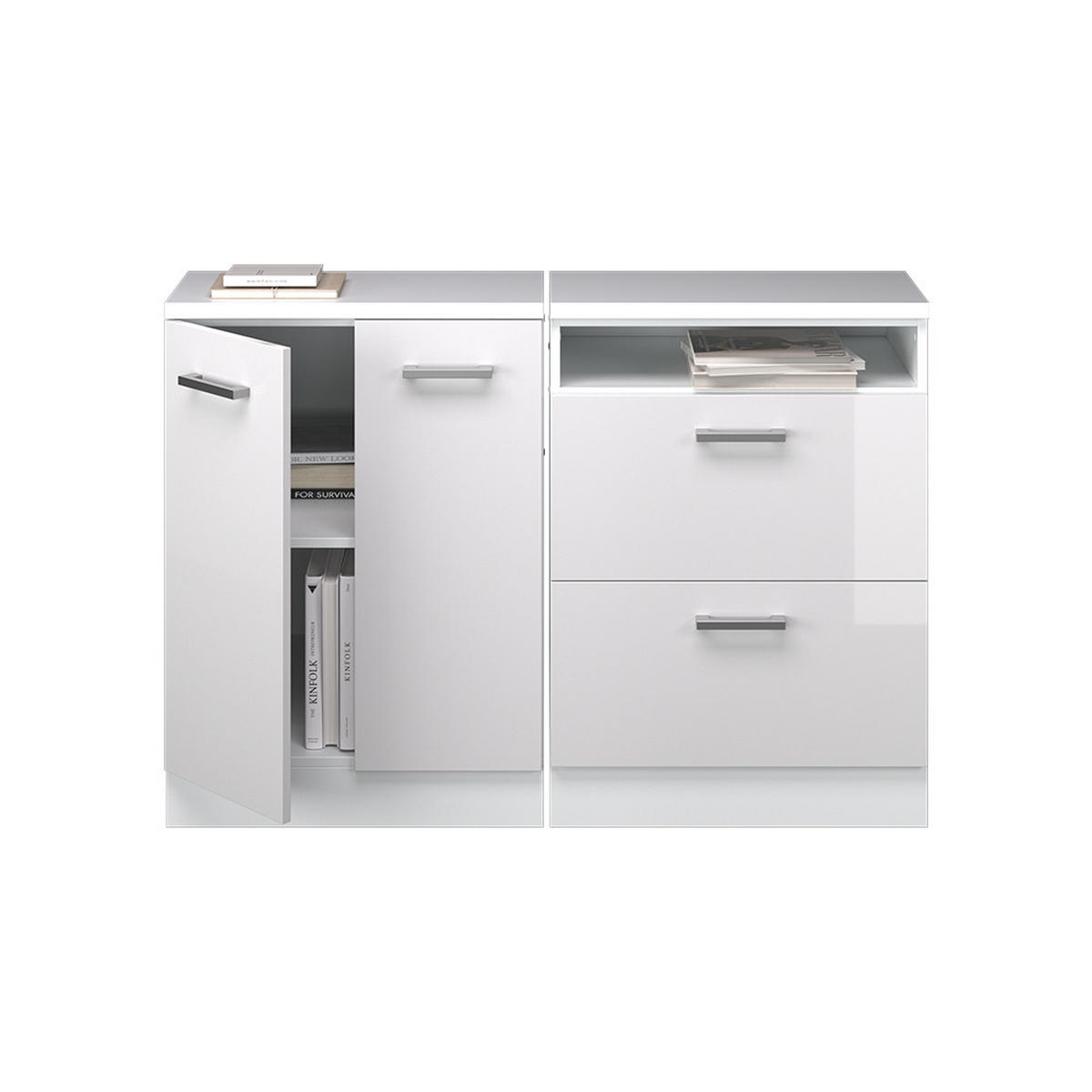 KUCHYNSKÁ SKRIŇA PRE ŠIKMÉ STRECHY R-Line Biely vysoký lesk 120 cm Súprava 2 korpusov skrine hĺbka 60 cm - biela/biela s vysokým leskom, kompozitné drevo (120/83.8/60cm) - Vicco