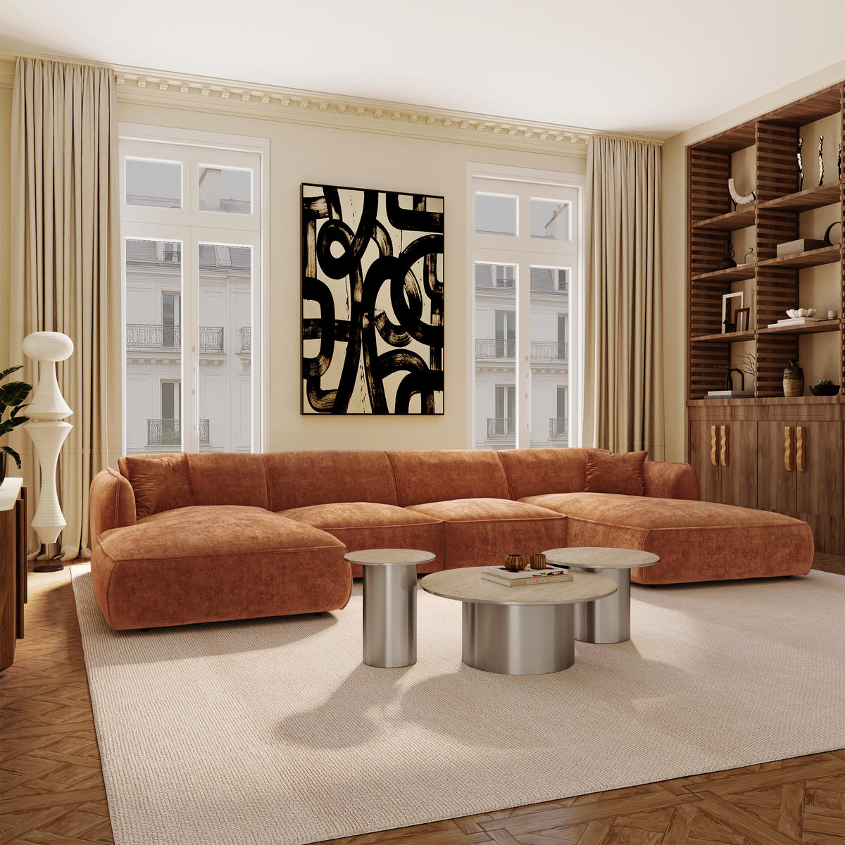 PANORAMA-SOFA LOMI Geprägter Samt Terrakotta 346cm - Dunkelorange/Terracotta, Textil (346/76/166cm) - Premium Interiors