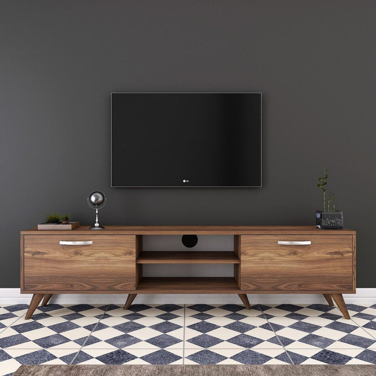 TV-MÖBEL 2 Klapptüren 2 offene Fächer in der Mitte Dekor Walnussholz 35/48,6/180 cm - Nussbaumfarben, Holzwerkstoff (35/48.6/180cm) - Calicosy