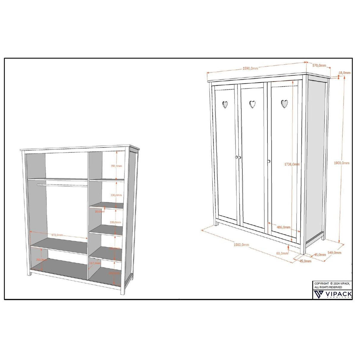 BABYZIMMER SET Kamila 4tlg Weiß Bett Kommode Schrank - Weiß, Holz (57/191/159cm) - 58aufmkessel