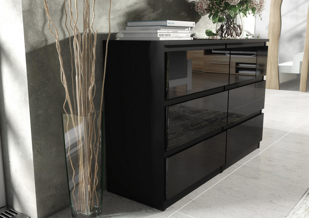 KOMMODE NUDO 120/78,5/39cm mit 6 Schubladen Türen Schwarz - Schwarz Hochglanz/Schwarz, Holzwerkstoff (120/78.5/39cm) - MASSENO