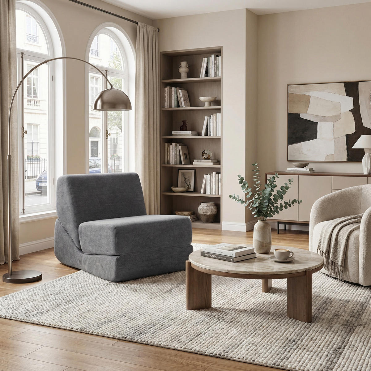 SCHLAFSESSEL 3-in-1 Umwandelbares Bodensofa & Gästebett aus Samtstoff - Grau, Textil (99/68/73cm) - Urban Meuble