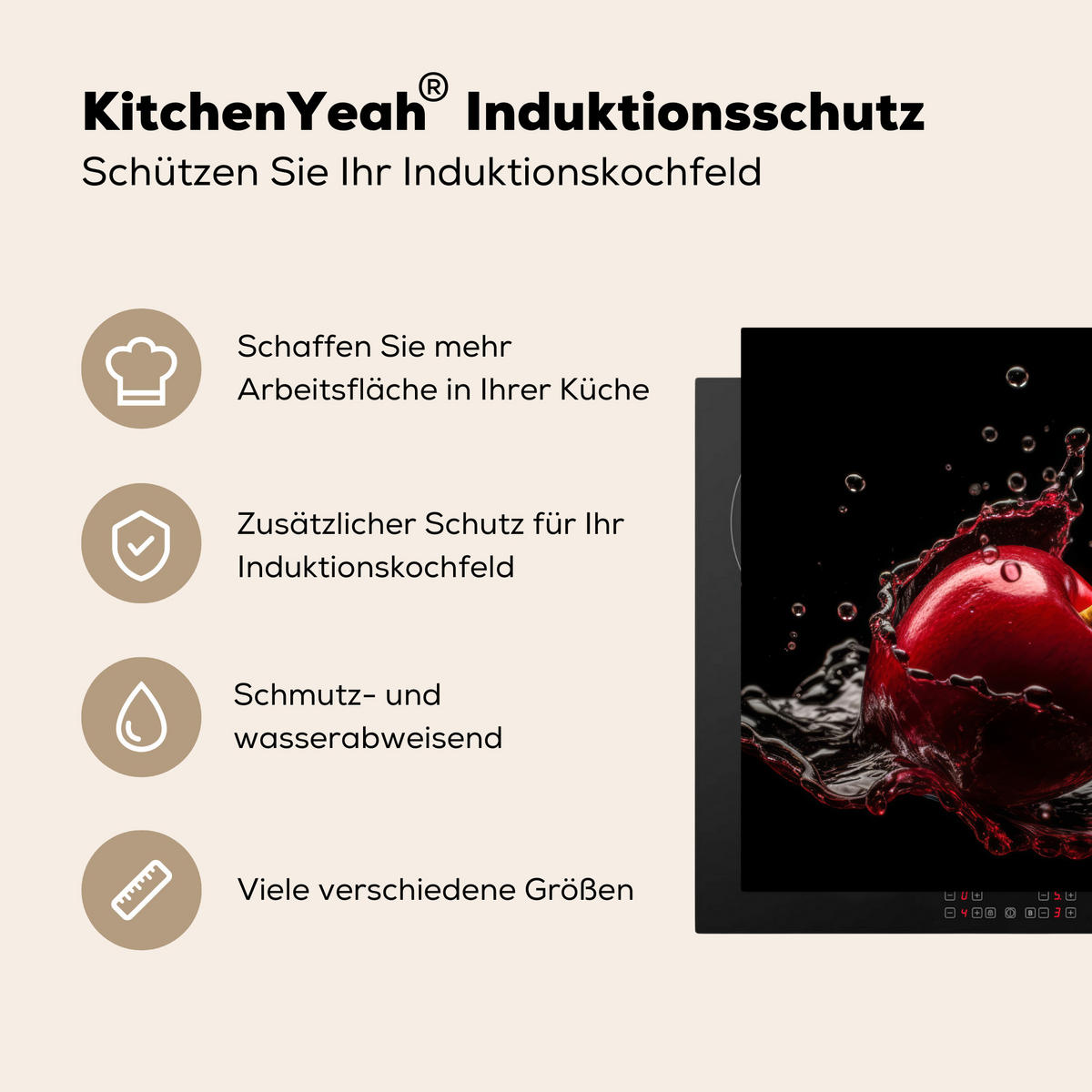 HERDABDECKPLATTE Kirsche - Rot - Frucht - Wasser - Schwarz Herdabdeckung Induktionsfeld 65x52 cm - Kirschrot, Kunststoff (65/52/0.2cm) - MuchoWow