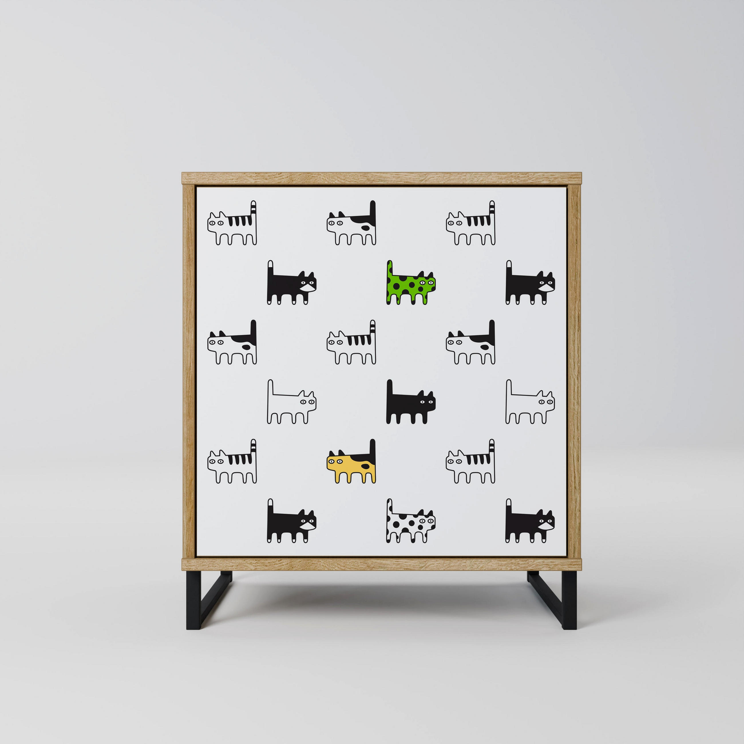 SIDEBOARD CATS COMPILATION, Eichefarben, 57,5x42x67,5 cm, Schwarze Metall-Rahmenfüße - Eichefarben/Multicolor, Holzwerkstoff/Metall (57.5/67.5/42cm) - SpaceRebels