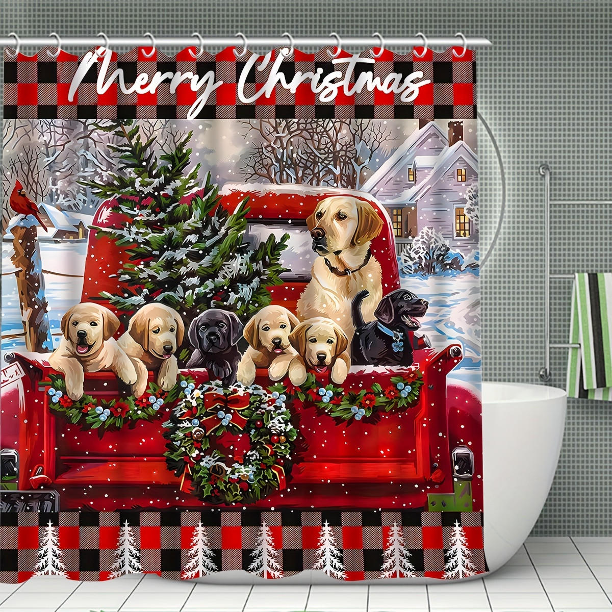 DUSCHVORHANG SET Weihnachten Muster Duschvorhang Bodenmatte Toilettenmatte - Rot, Textil (180/180cm) - MCBOSON