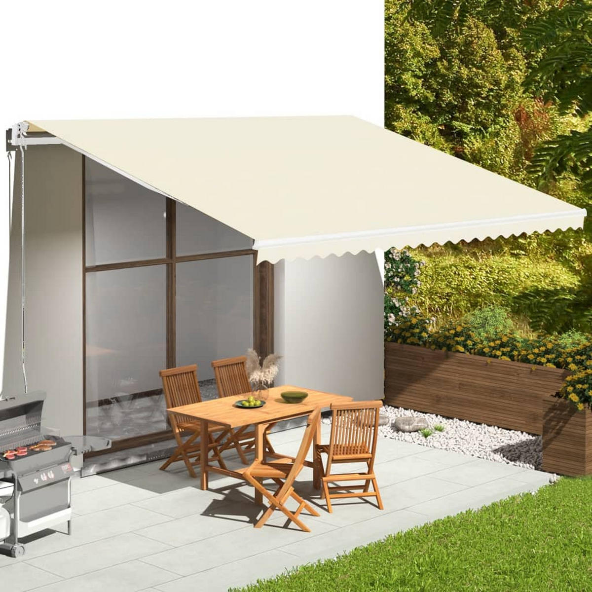 MARKISENSTOFF mit Volant| Creme, für 500x350cm Rahmen | Markisenbespannung Markisentuch - Creme, Textil (480/0.3/345cm) - DELUKE