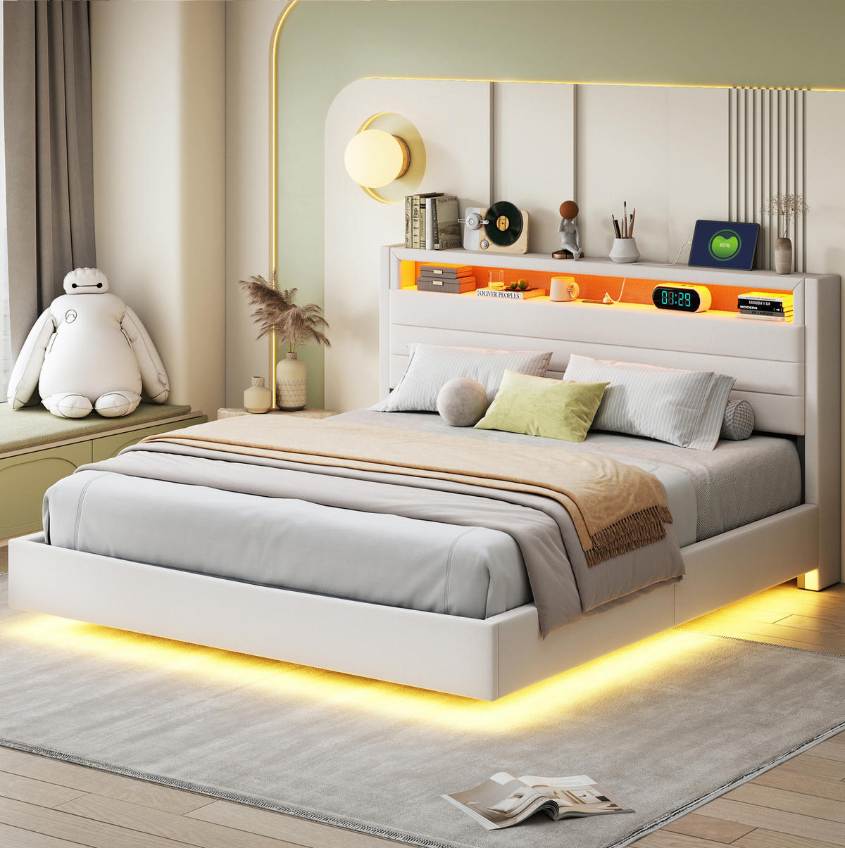 POLSTERBETT mit Bettkasten 160/200 cm mit LED-Beleuchtung und USB, Beige - Beige, Textil (160/200cm) - BEAOK