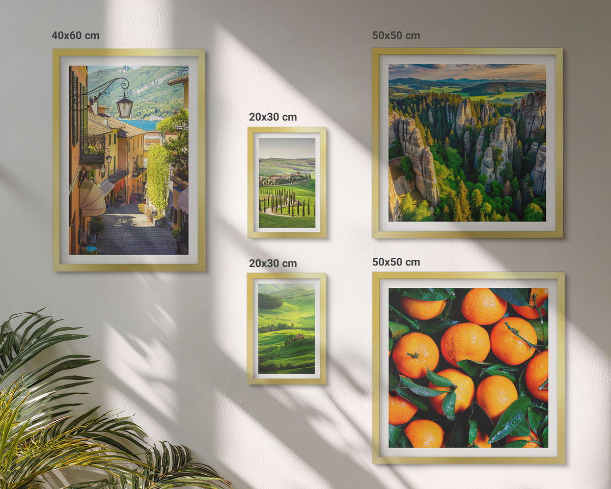 WANDBILDER 5er Set - 50x50 cm & 20x30 cm & 40x60 cm Goldrahmen - Italienische Landschaft Orangen Natur - Goldfarben, Kunststoff (40/60cm) - ArtPrintCave