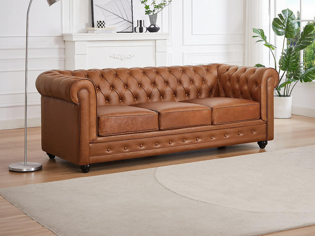 SOFA - 3 Personen - leder - camel Chesterfield - Hellbraun, Leder/Holz (205/72/88cm) - Vente-Unique