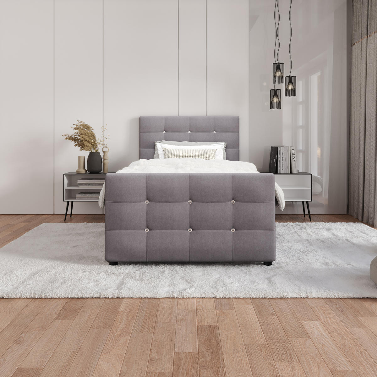 BOXBETT KLEO mini 100x200, mit Matratze H3, Bonell und Topper, Cosmic 160 - Hellgrau, Holz/Kunststoff (100/200cm) - Bedante
