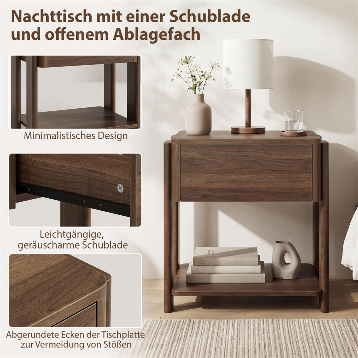 NACHTTISCH 48x39x56 cm mit 1 Schublade und Unterer Ablage - Abgerundetes Design - Robuste Holzbeine - Walnuss - Walnussfarben, Holzwerkstoff (39/56/48cm) - DELFA