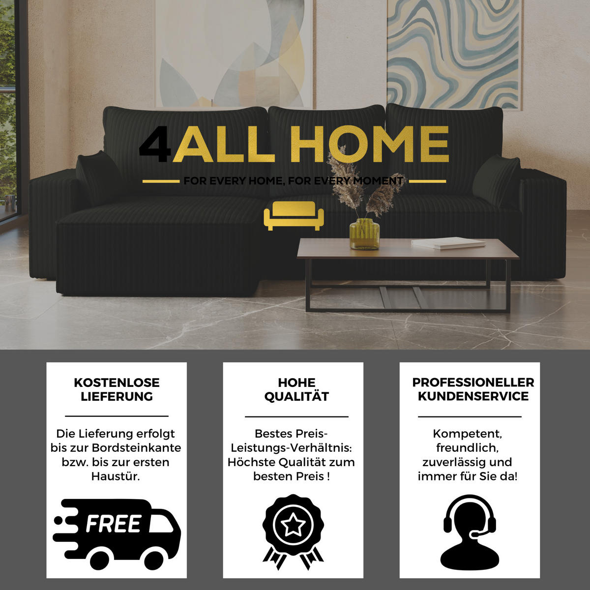 ECKSOFA Tobi mit Bettkasten und Schlaffunktion, L-Form/XL-Form, Cordstoff, Universal - Schwarz, Holzwerkstoff (276/145cm) - 4ALL HOME