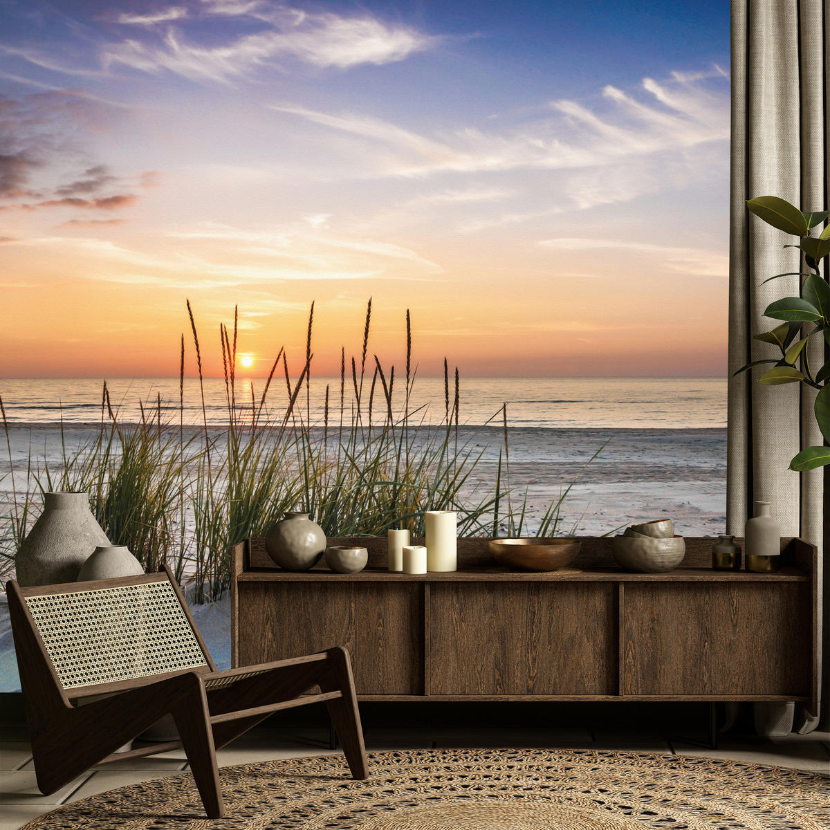 FOTOTAPETE Meer STRAND Dünen Sonnenuntergang Landschaft 3D 200x140cm - Blau/Beige, Papier (200/140cm) - Muralo