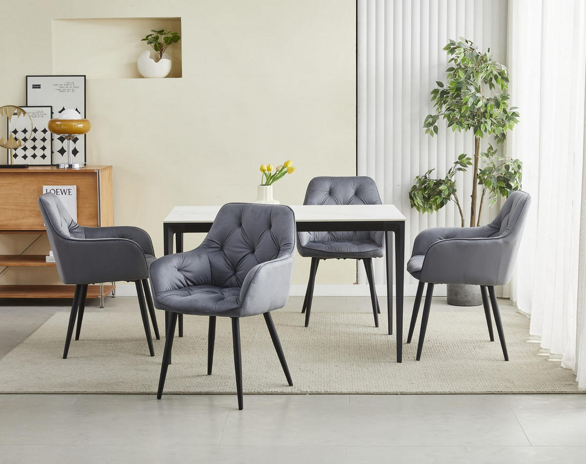 STUHL IRGOLI 4-er Set, Grau, Schwarz, mit Samtstoff gepolstert - Anthrazit, Textil/Metall (56/84/62cm) - Komodee
