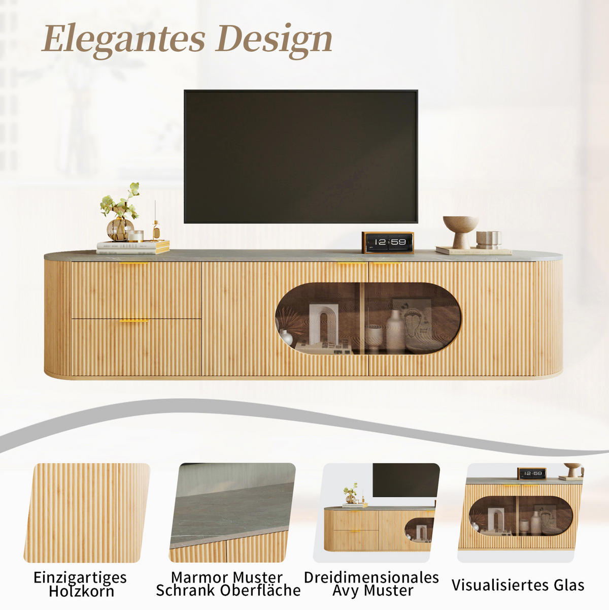 TV-SCHRANK 172/38/45,5 cm natur aus MDF und Glas mit 3D-Fronten - Hellbraun, Holzwerkstoff (172/45.5/38cm) - OKWISH