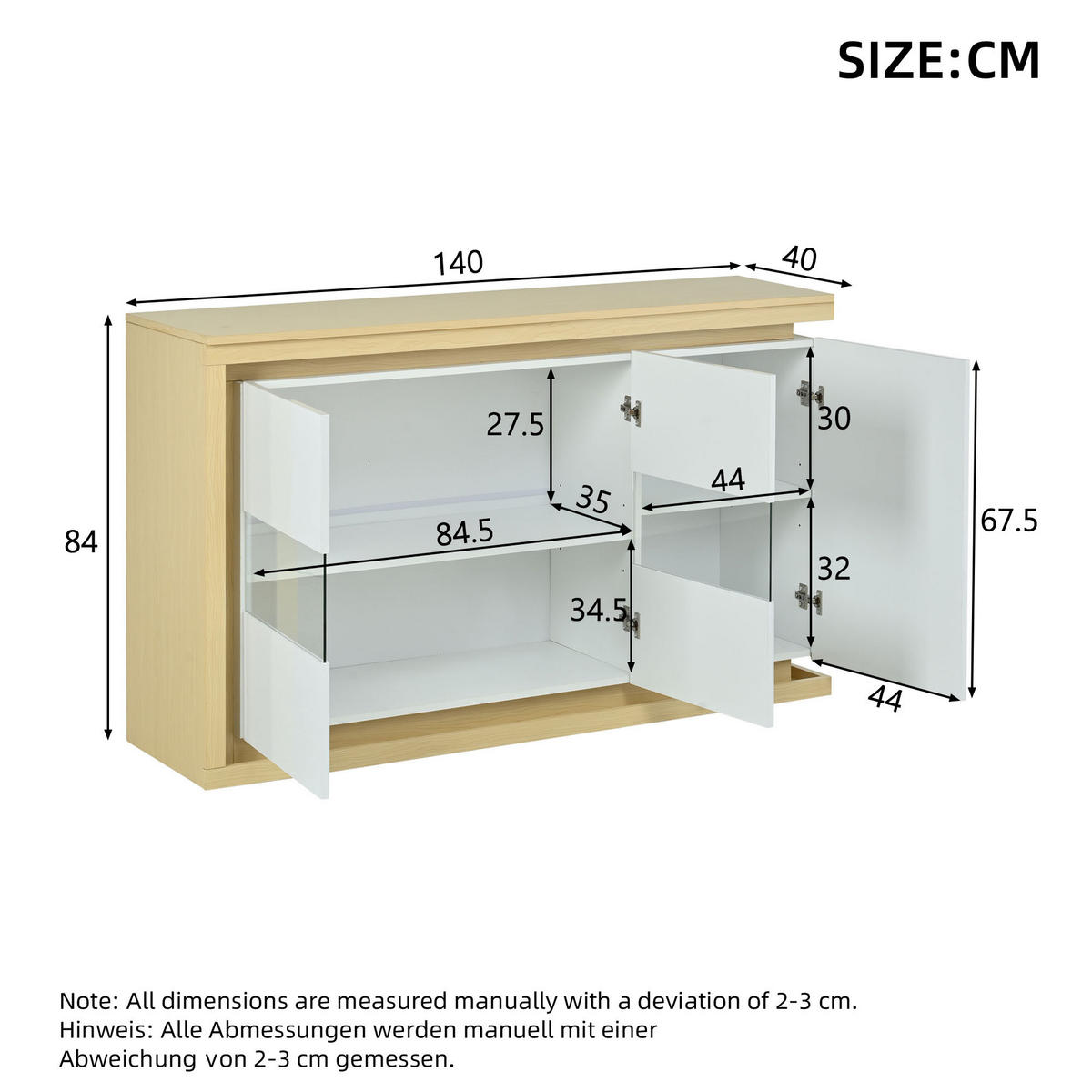 SIDEBOARD in Weiß Hochglanz-Wohnzimmerschrank mit verstellbarer Einlegeboden für Flur, Wohn-, Büros, B140/T40/TH84cm - Weiß/Naturfarben, Glas/Holzwerkstoff (140/84/40cm) - STILVORA