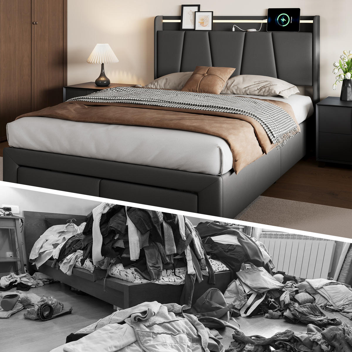 POLSTERBETT 140x200 cm LED USB Stauraum Lattenrost dunkelgrau - Grau, Holz (140/200cm) - LEBENLANG