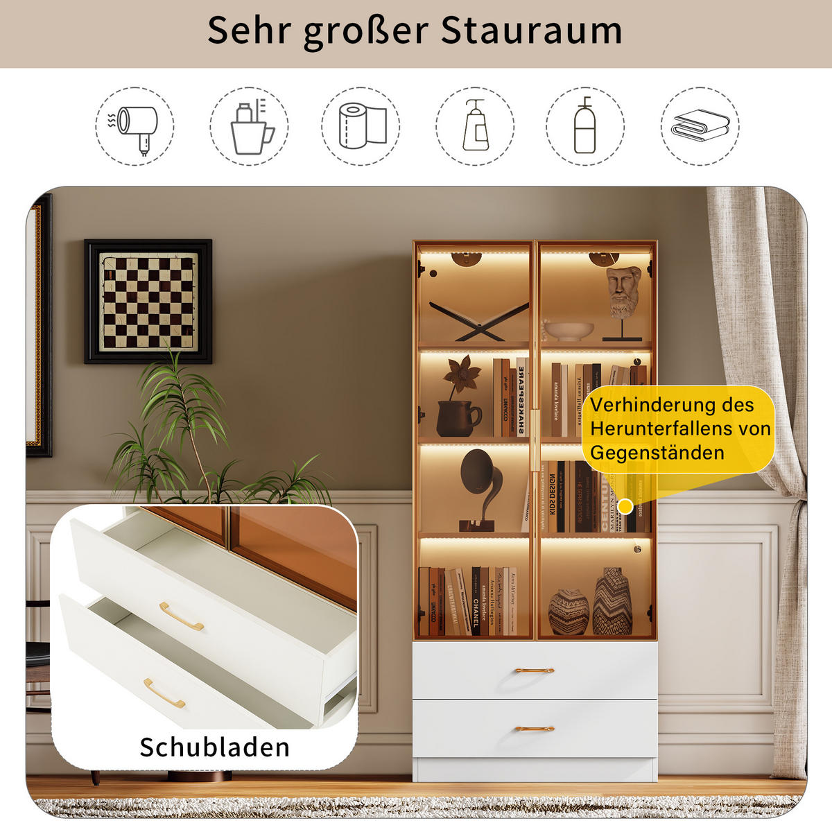 BADSCHRANK in Weiß Highboard mit LED-Lichtleiste Glastür 2 große Schubladen 2 Türen , B75/T34.5/H170cm - Weiß, Glas/Holzwerkstoff (75/170/34.5cm) - STILVORA
