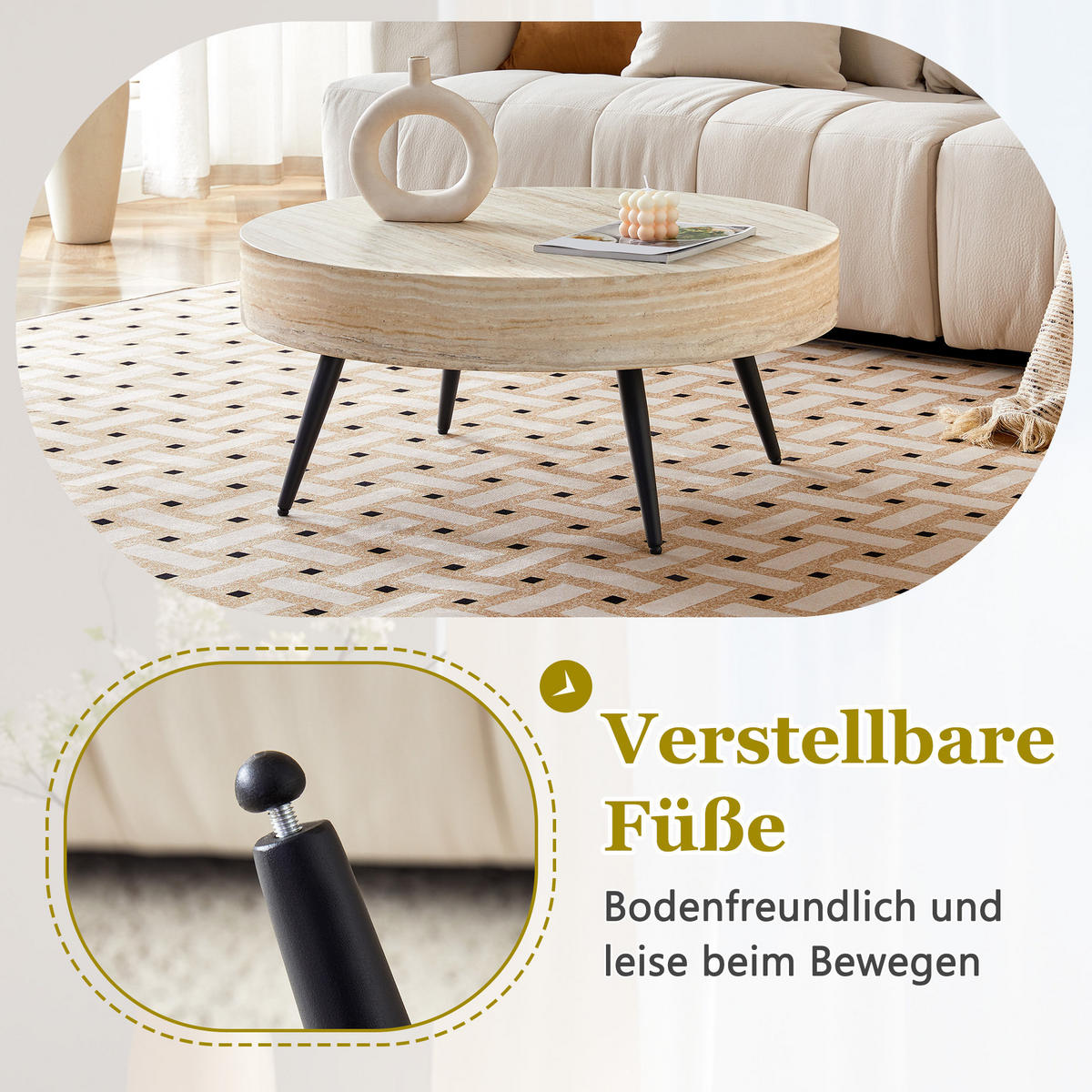 COUCHTISCH 70/70/35,5 cm aus MDF mit Travertin-Optik und Metallgestell, runde Form, Schwarz/Holzfarben - Schwarz, Holzwerkstoff (70/70/35.5cm) - Redom