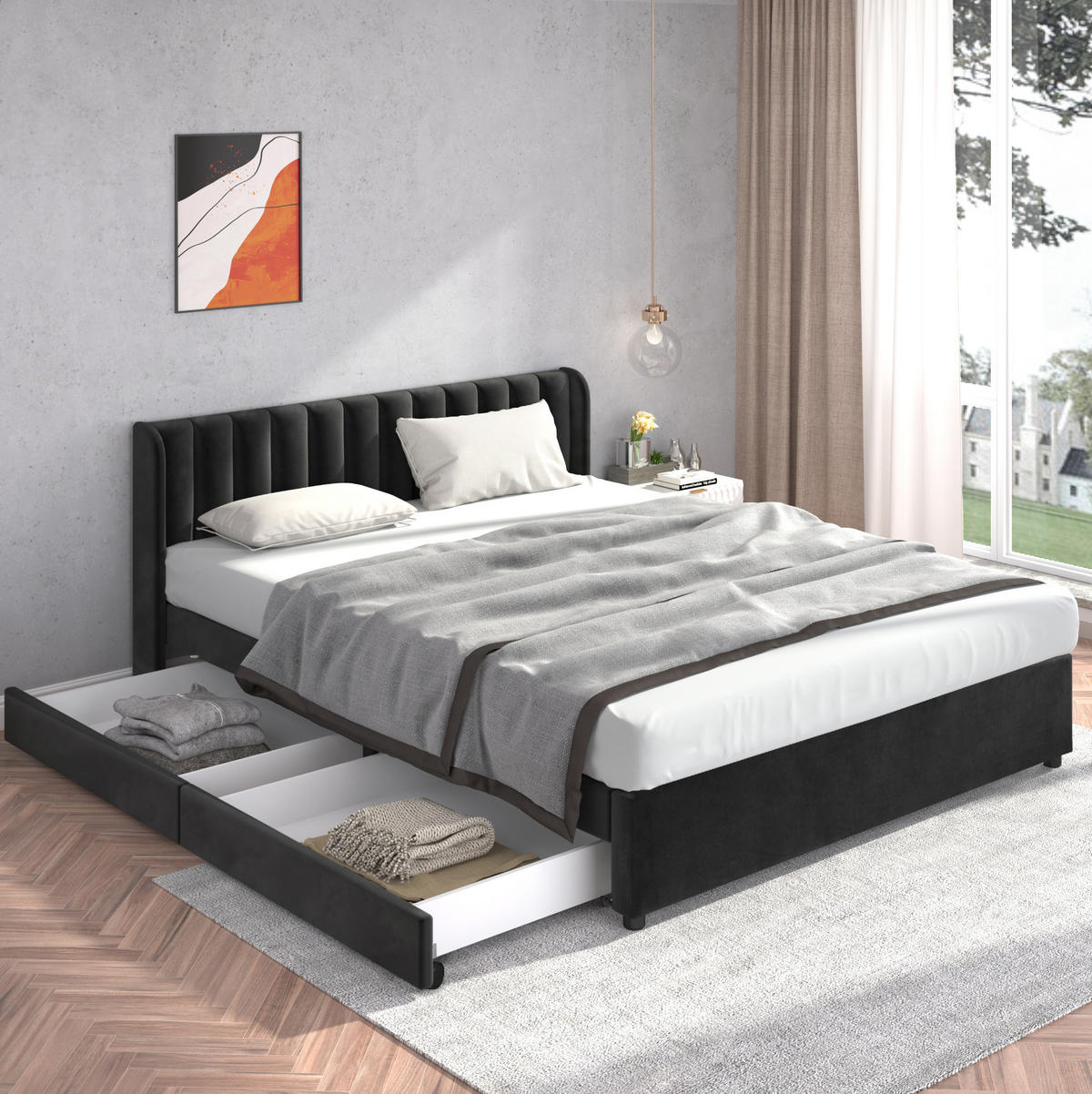POLSTERBETT 180/200 cm Samt mit Lattenrost und 2 Schubladen schwarz - Schwarz, Textil (180/200cm) - OKWISH