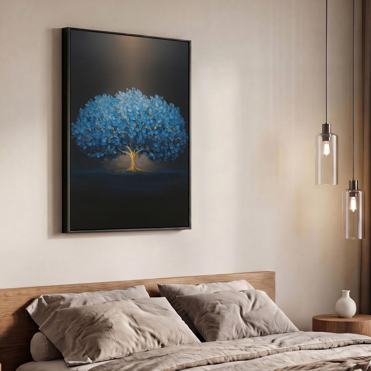 LEINWAND Bilder mit Rahmen - Baum - Blau - Blätter - Pinselstriche - 70x100 - Blau, Textil (70/100cm) - MuchoWow