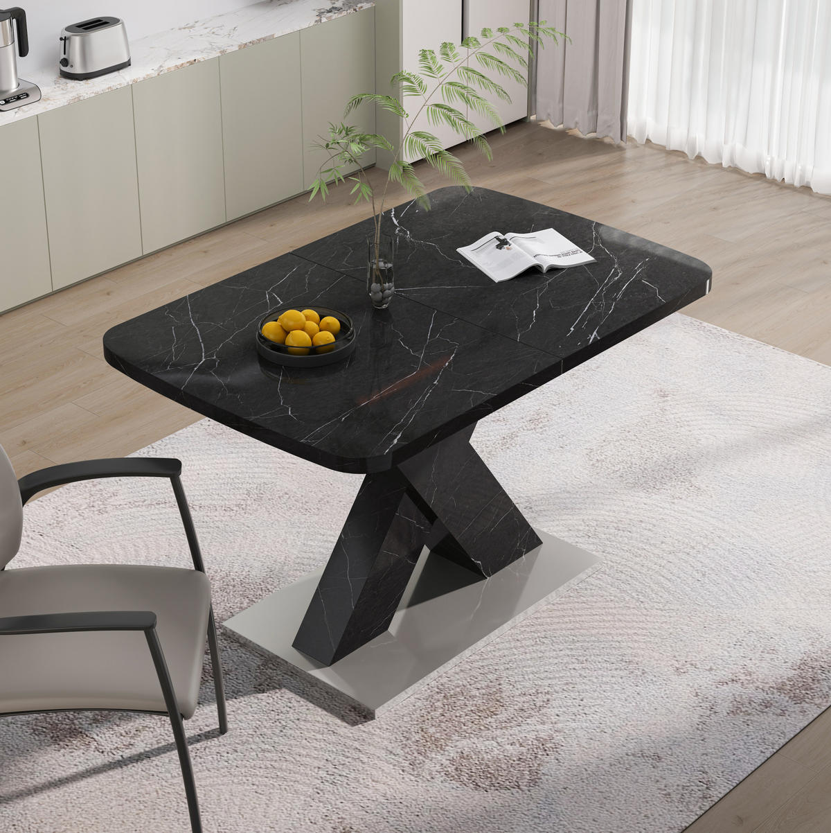 ESSTISCH 120-160/80/76,5 cm aus MDF und Stahl, ausziehbar mit schwarzer Marmoroptik, Schwarz - Schwarz, Holzwerkstoff (160/80/76.5cm) - Redom