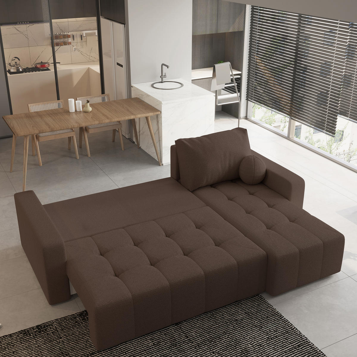 ECKSOFA VOLIRA Braun Boucle-Stoff mit Schlaffunktion - Braun, Holz (230/143cm) - MASSENO