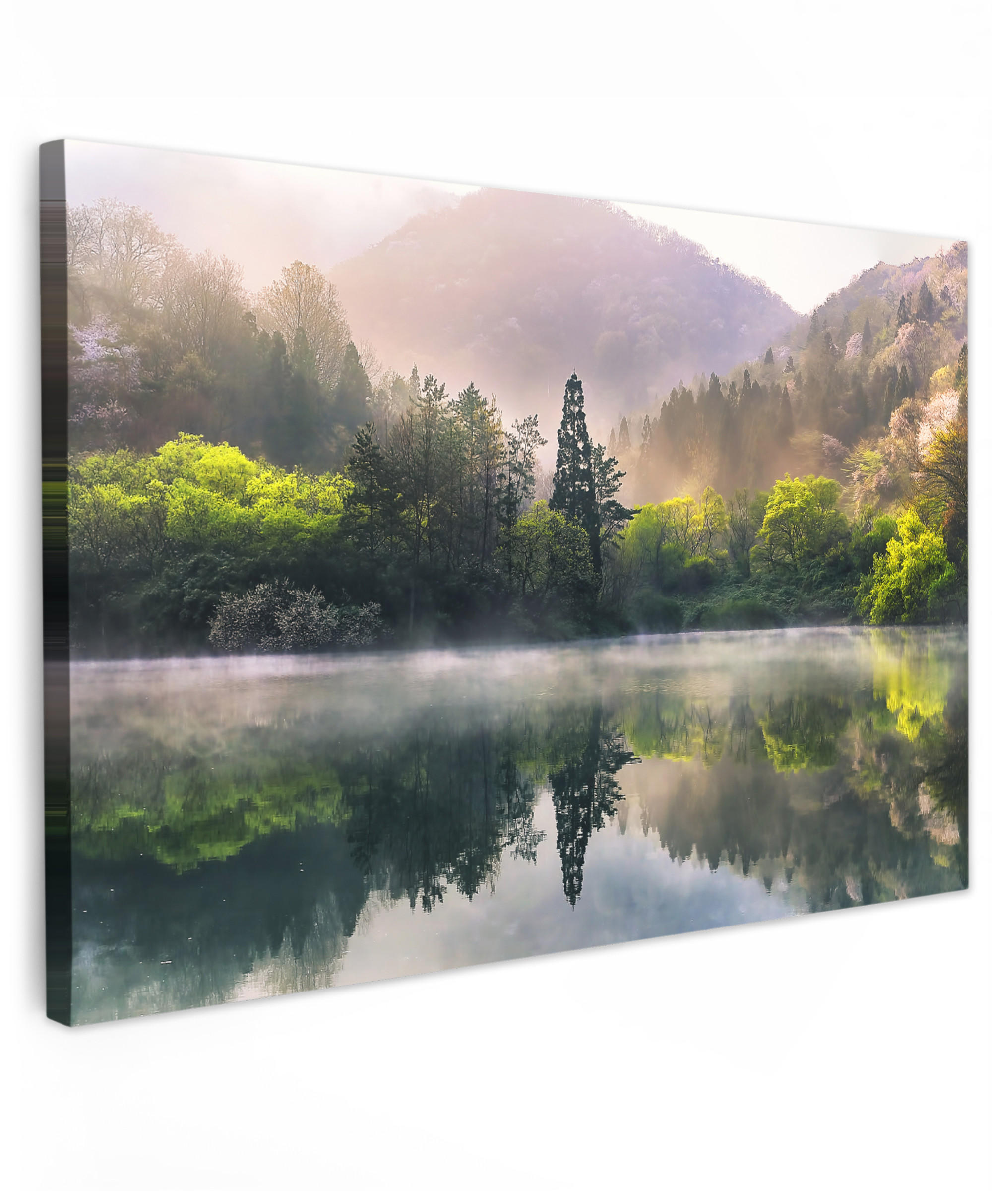 LEINWANDBILD Natur - Bäume - Berge - See - Wasser Wanddeko 90x60 cm - Hellgrün, Textil (90/60cm) - MuchoWow