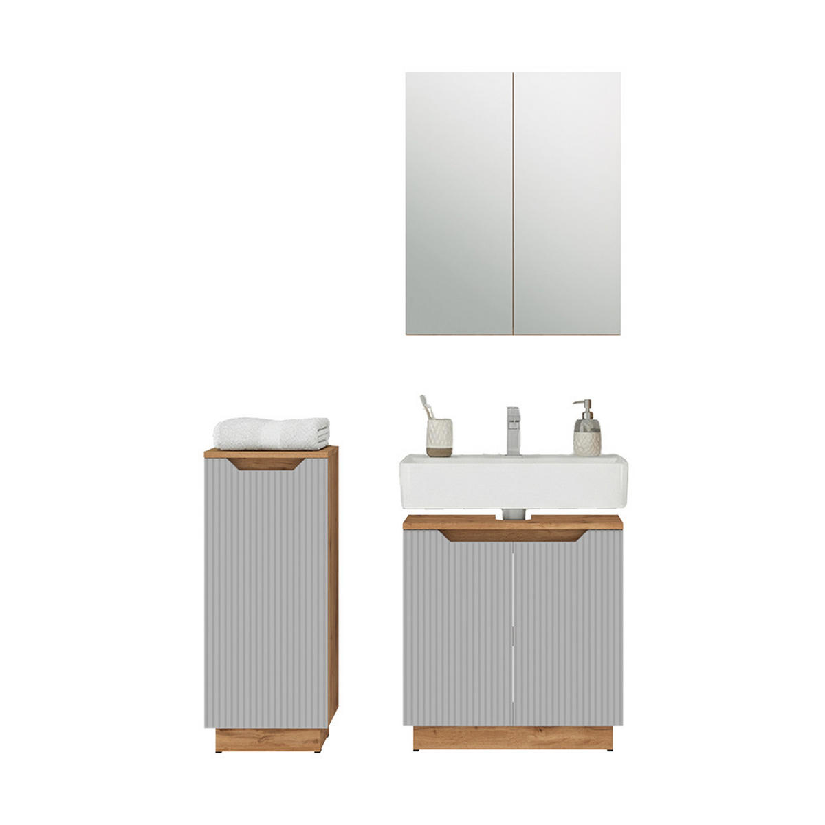 BADMÖBEL-SET Lotta Eiche/grau gestreift 3 Teile - Grau, Holzwerkstoff (59.8/62.1/32cm) - Vicco