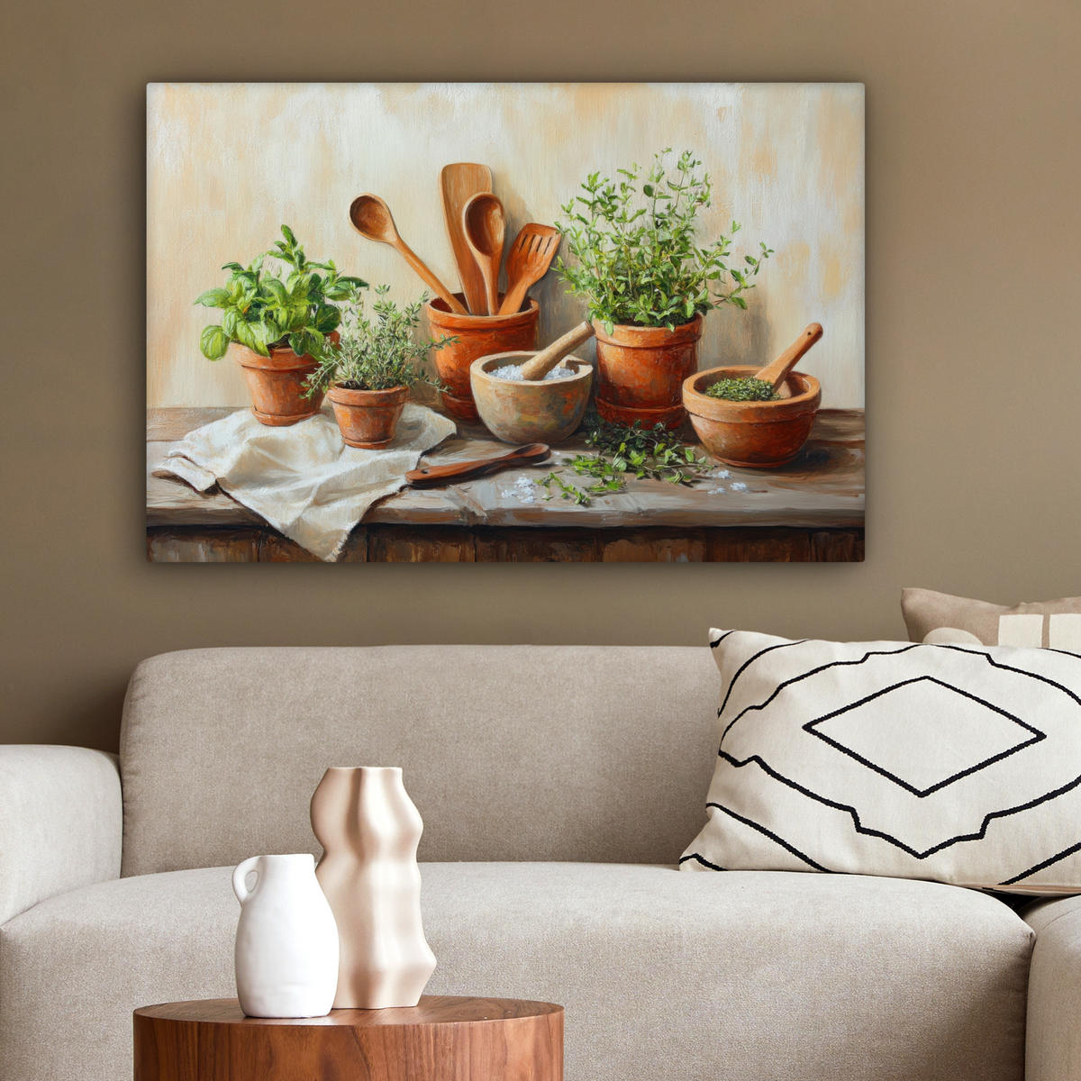 LEINWANDBILD Töpfe - Kräuter - Holz Wanddeko 90x60 cm - Terracotta, Textil (90/60cm) - MuchoWow