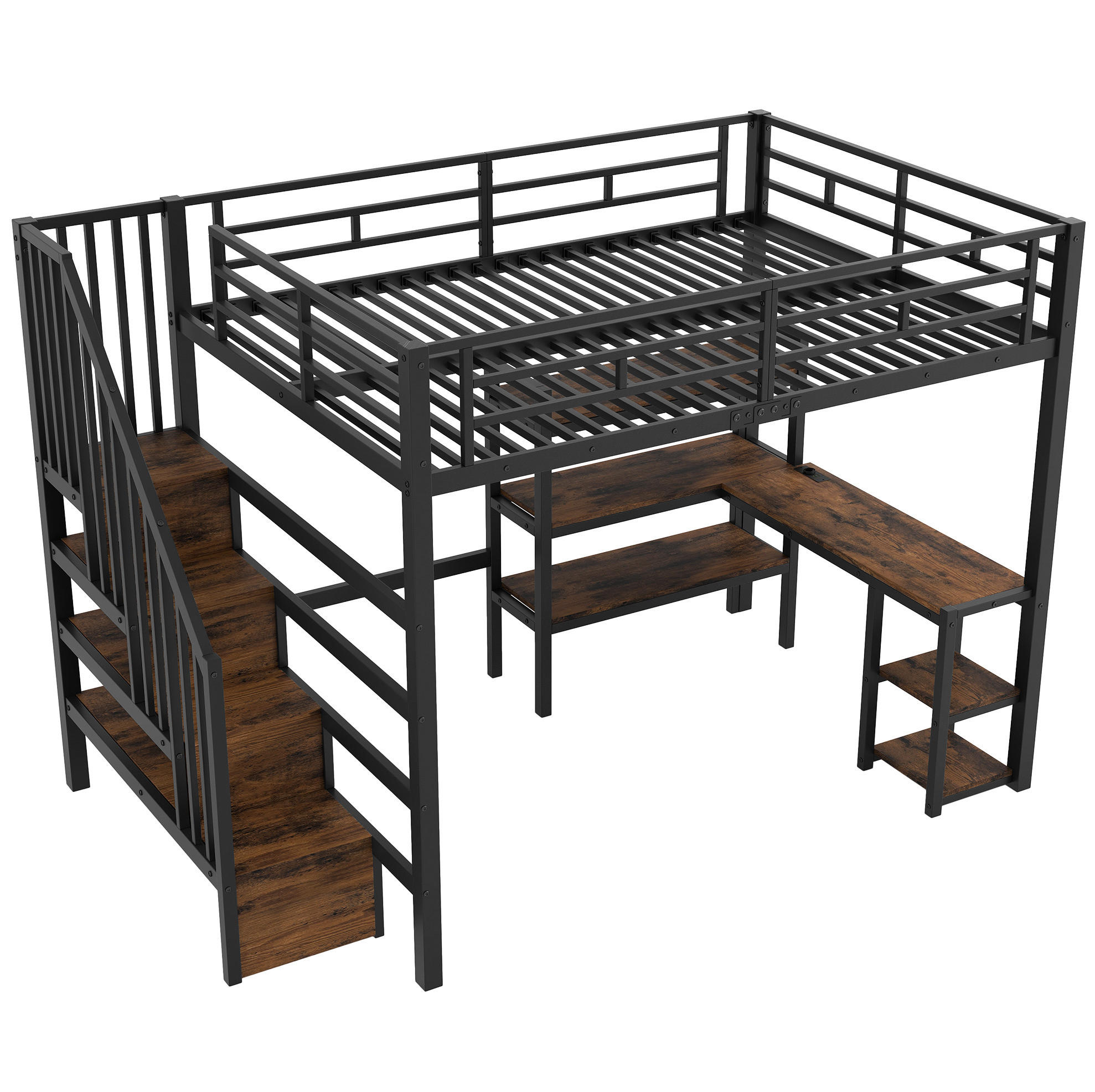 HOCHBETT 140/200 cm aus Metall mit Treppe, Schreibtisch, Regalfächern, USB-Ladestation und LED-Beleuchtung, Schwarz - Schwarz, Metall (140/200cm) - Redom
