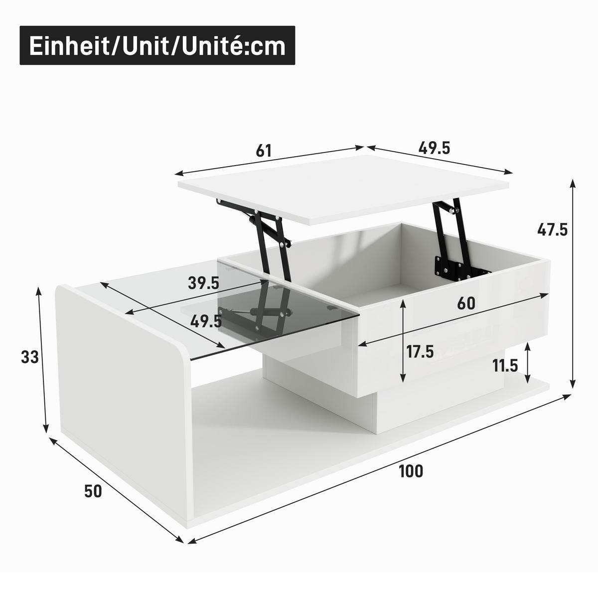 KONFERENČNÍ stolek, 100/50/33-47,5 cm bílý, s výškově nastavitelnou deskou a LED - bílá, kompozitní dřevo (100/50/47.5cm) - BEAOK