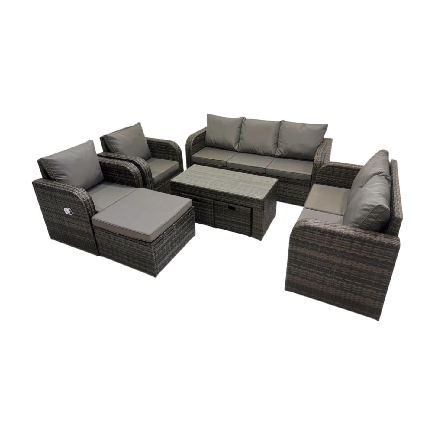 GARTENSOFA SET mit rechteckigem COUCHTISCH Polyrattan 8-Sitzer Dunkelgrau - Dunkelgrau/Grau, Glas/Kunststoff - Fimous