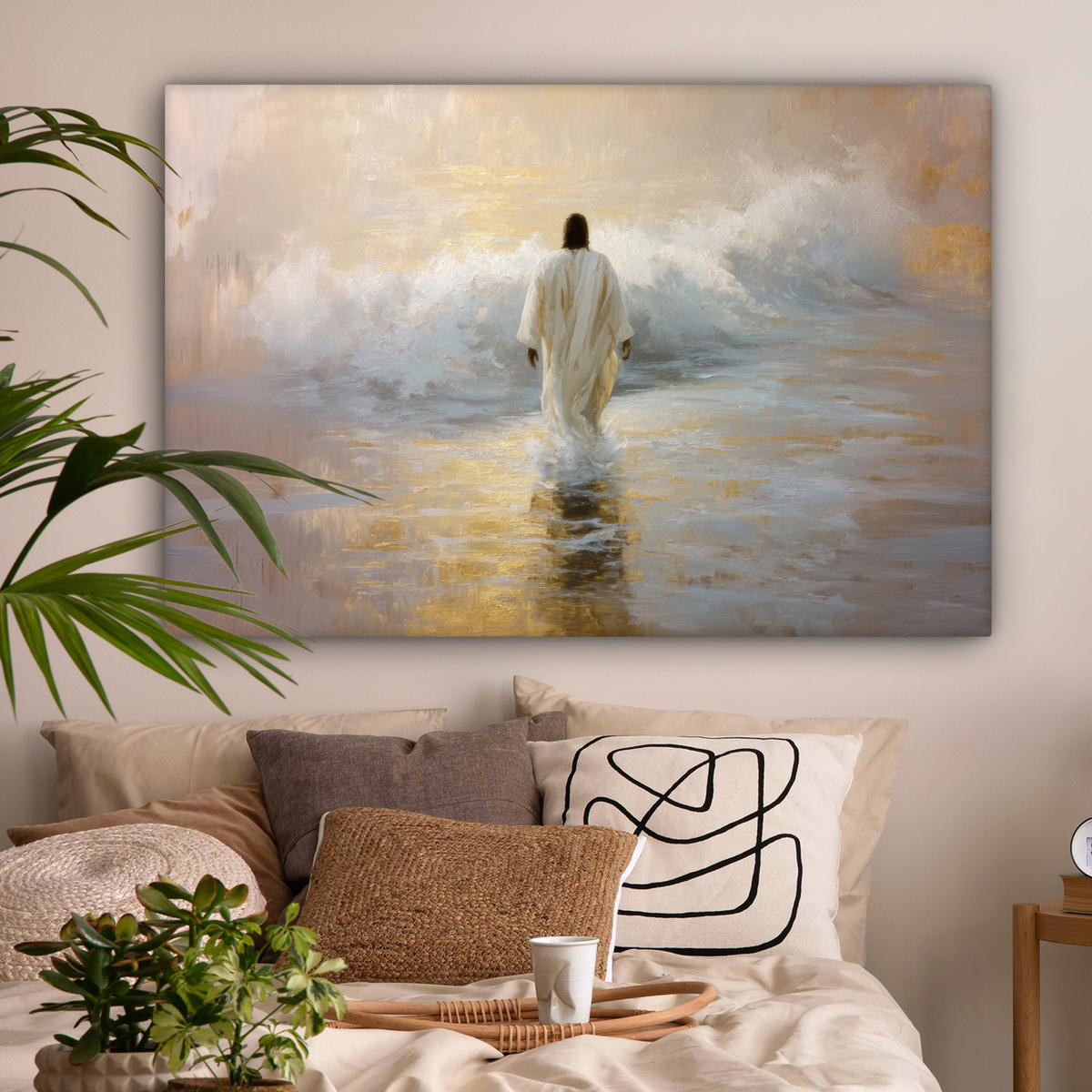 LEINWANDBILD Gemälde - Welle - Jesus - Abstrakt XXL 150x100 cm - Goldfarben, Textil (150/100cm) - MuchoWow