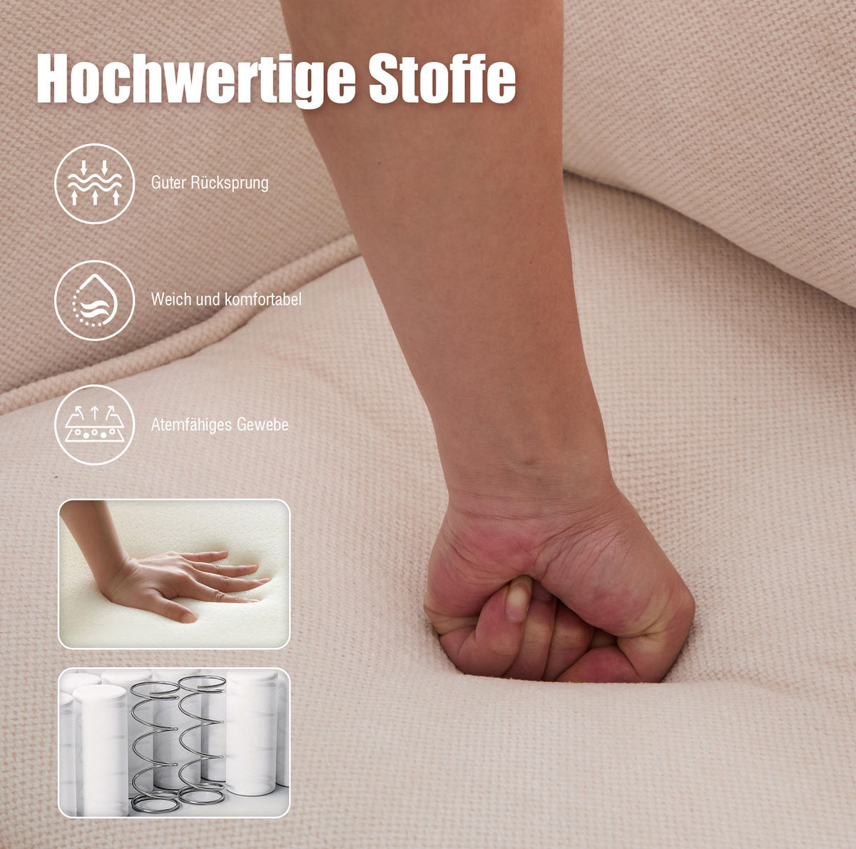2-SITZER Sofa Chenille mit Handyhalter und Seitentaschen 127/69/66 cm Beige - Beige, Textil (66/127/69cm) - Redom
