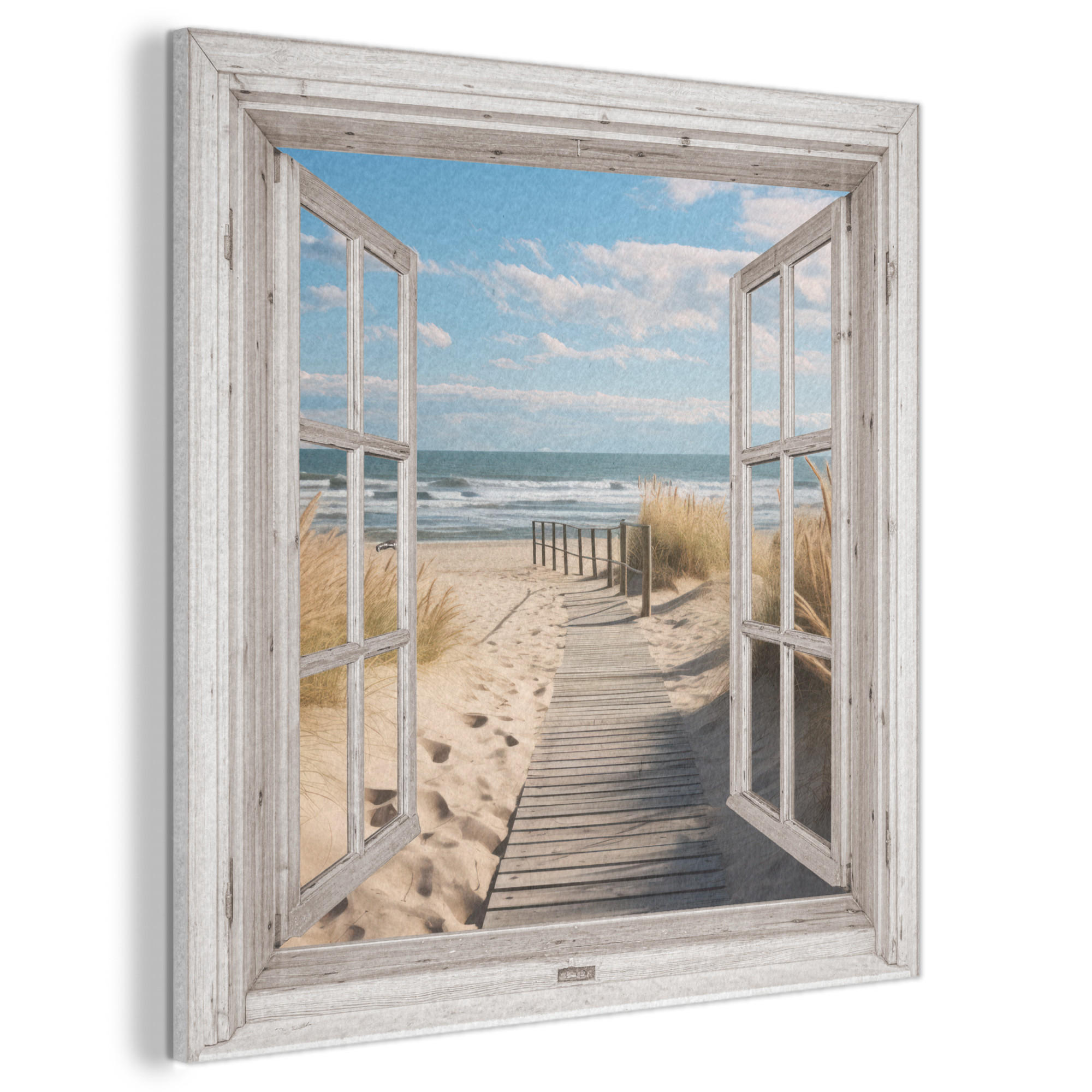 AKUSTIKBILD Fenster - Meer - Küste - Natur - Ausblick - Strand - Wattenmeer Akustikpaneele 90x90 cm - Beige, Kunststoff (90/90/0.9cm) - MuchoWow