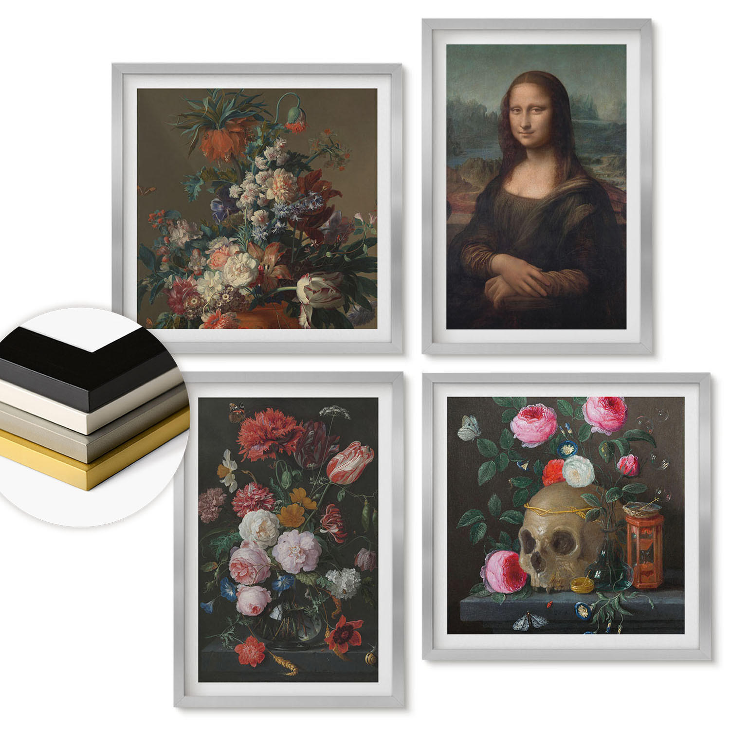 WANDBILDER 4er Set - 50x50 cm & 40x60 cm Silberner Rahmen - Vintage Blumen Totenkopf Mona Lisa - Silberfarben, Kunststoff (50/50cm) - ArtPrintCave