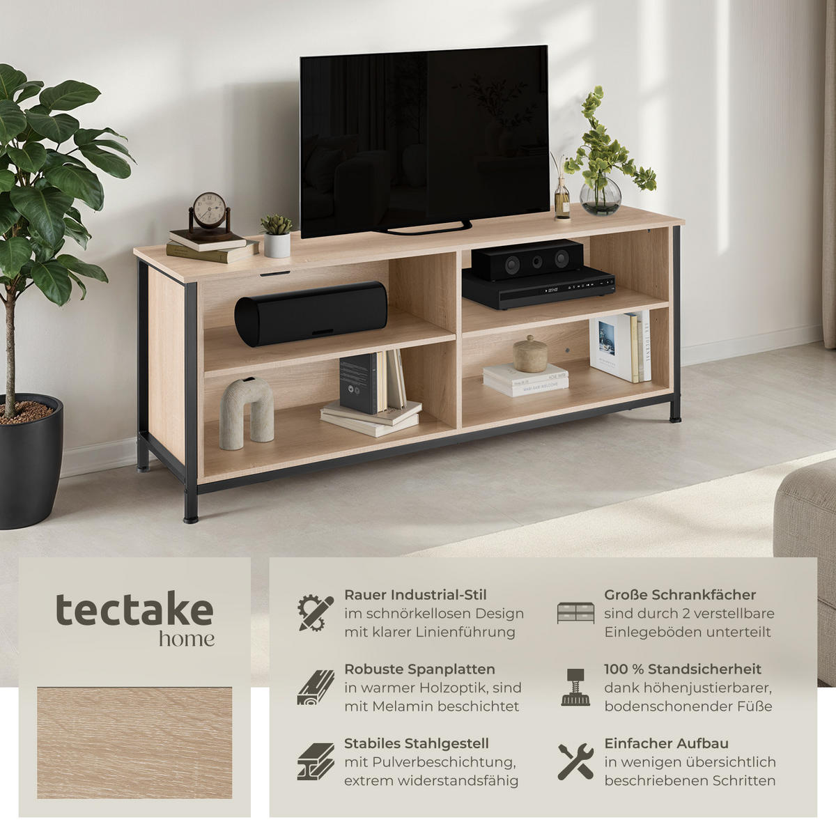 TV-ELEMENT Navan,147 x 41 x 60,5 cm,Industrial Holz hell, Eiche Sonoma - Naturfarben, Holzwerkstoff (41/60.5/147cm) - tectake